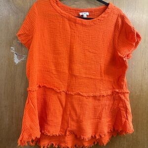 Umgee Vibrant Orange Frayed Hem Blouse